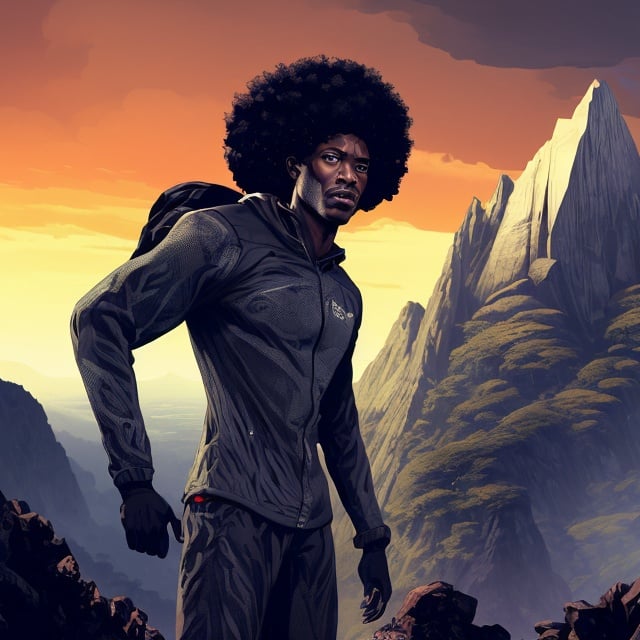 Prompt: black man, afro, standing on mountain, full body, digital illustration, detailed and sleek design, intense and focused gaze, full body picture, standing on top of mountain setting, dramatic lighting, high res, ultra-detailed, digital illustration, sleek design, highly detailed, intense gaze, mountain top setting, dramatic lighting, full body, high resolution, 

