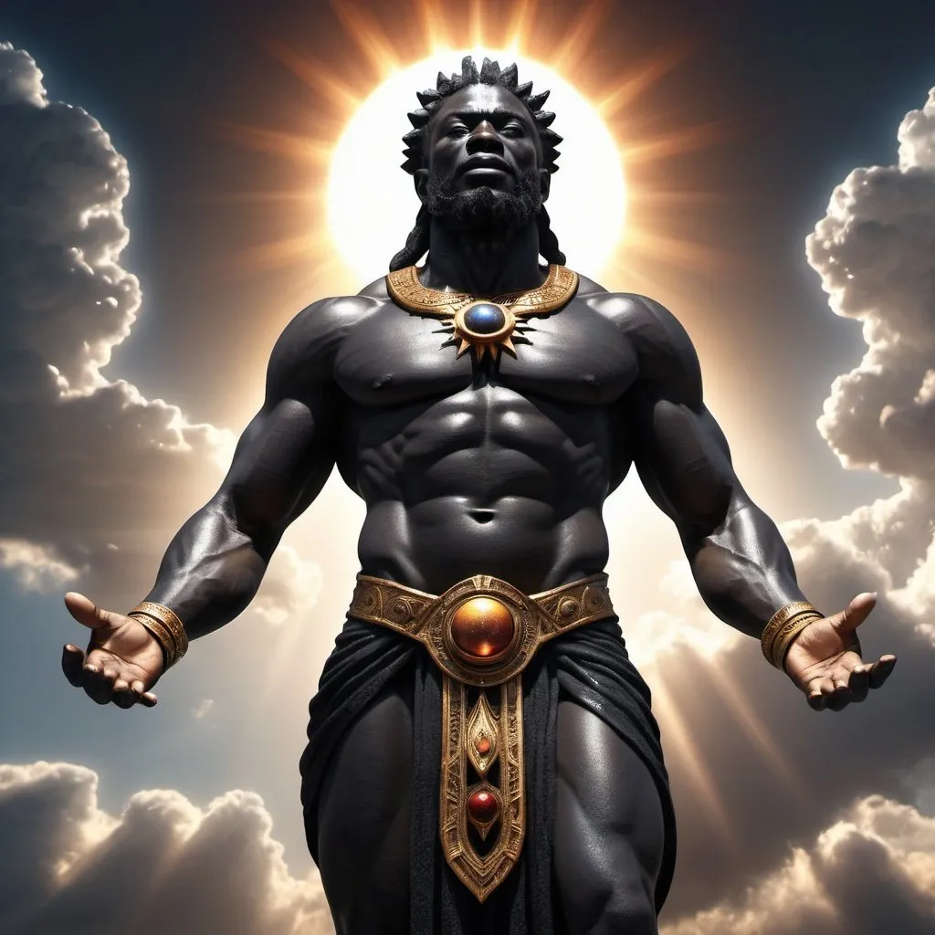 Prompt: black God of universe, hyper realistic, nature, full body, high-res, ultra-detailed, dramatic lighting, sun in background, 
