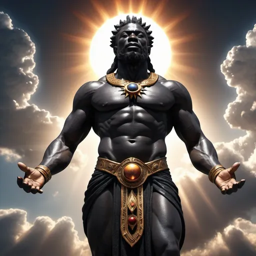 Prompt: black God of universe, hyper realistic, nature, full body, high-res, ultra-detailed, dramatic lighting, sun in background, 
