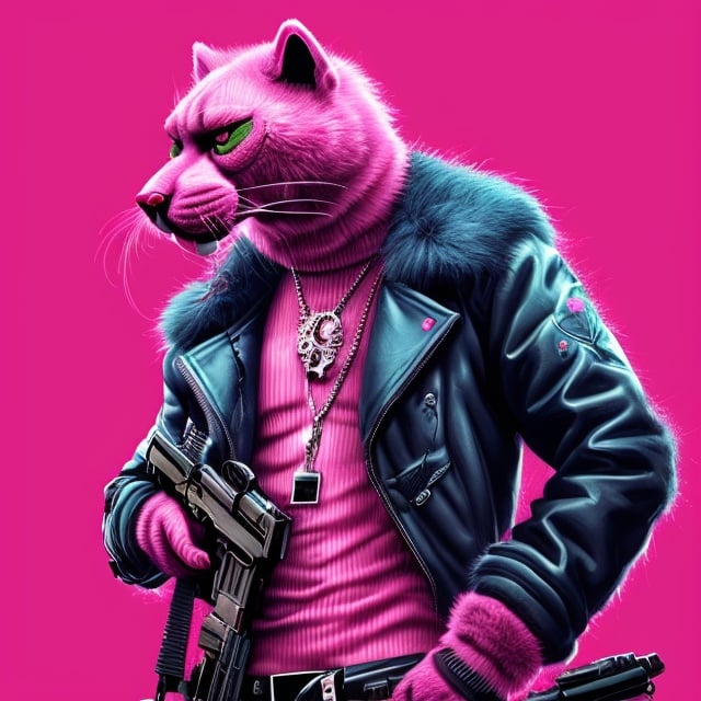 Prompt: Gangster pink panther with guns and money, digital illustration, detailed pink fur and sleek design, intense and focused gaze, urban city setting, cool tones, dramatic lighting, highres, ultra-detailed, digital illustration, gangster, sleek design, detailed fur, intense gaze, urban city, cool tones, dramatic lighting, money, guns
