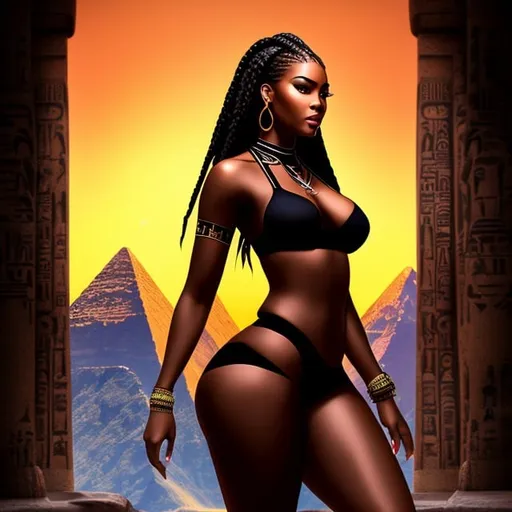 Prompt: beautiful, dark skin, thong, thick curvy, black woman, long braids, digital illustration, detailed and sleek design, full body picture, top of mountain setting, dramatic lighting, high res, ultra-detailed, intense gaze, ancient Egypt setting, dramatic lighting, full body, high res,

