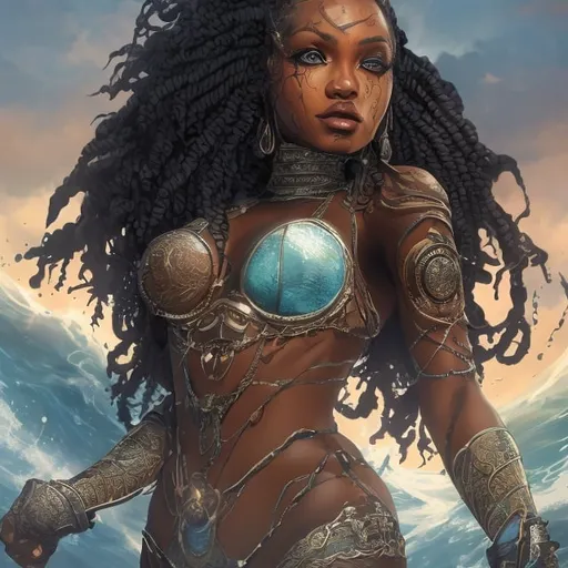 Prompt: beautiful, dark skin, thong, thick, curvy, black woman, long braids, digital illustration, detailed and sleek design, full body, ocean setting, dramatic lighting, high res, ultra-detailed, intense gaze, ancient Egypt setting, dramatic lighting, full body, sun,

