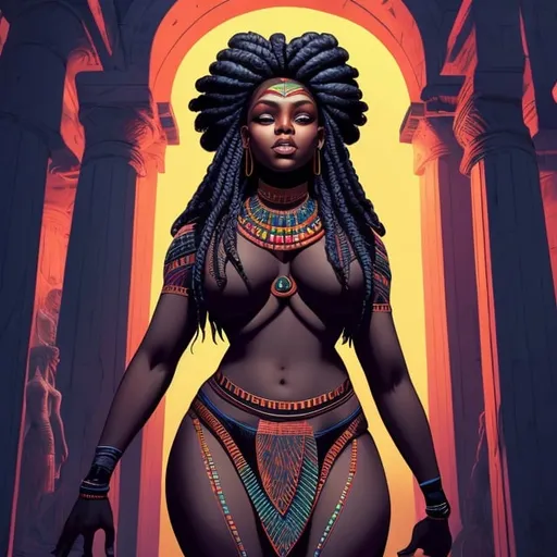 Prompt: beautiful, detailed dark skin, thick curvy black woman, long braids, looking backwards, full body, digital illustration, detailed and sleek design, full body picture, standing on, top of mountain setting, dramatic lighting, high res, ultra-detailed, realistic illustration, sleek design, highly detailed, intense, ancient Egypt setting, dramatic lighting, full body, high res, vibrant bright colors, has superpowers.

