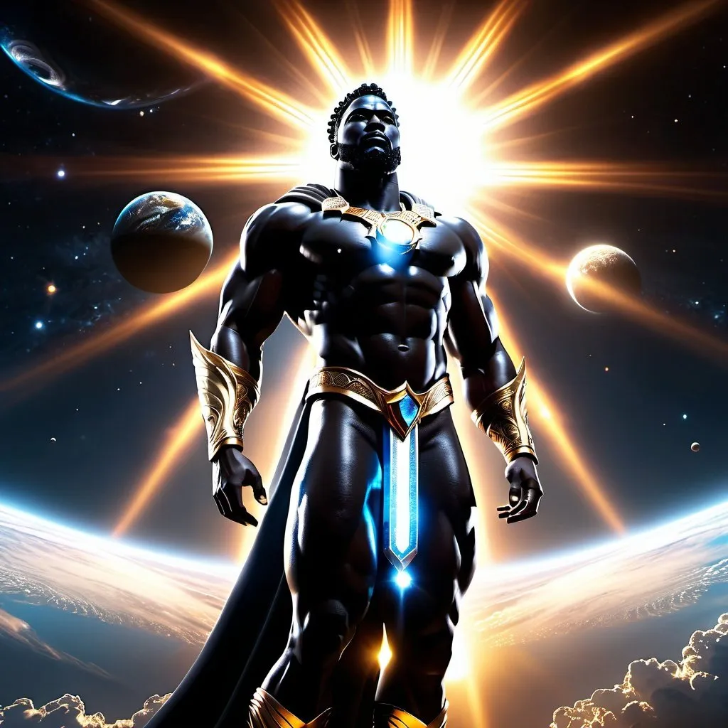 Prompt: black God of universe, hyper realistic, 3d, nature, full body, high-res, ultra-detailed, dramatic lighting, sun in background, 
