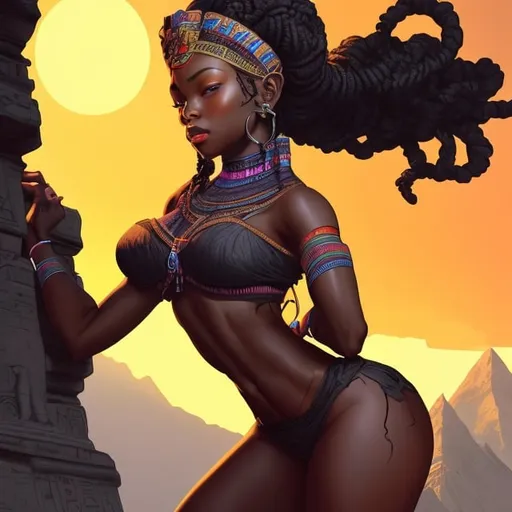 Prompt: beautiful, detailed dark skin, thong thick curvy black woman, long braids, looking backwards, full body, digital illustration, detailed and sleek design, full body picture, standing on, top of mountain setting, dramatic lighting, high res, ultra-detailed, realistic illustration, sleek design, highly detailed, intense, ancient Egypt setting, dramatic lighting, full body, high res, vibrant bright colors, has superpowers. 

