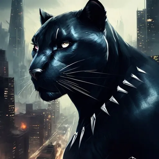 Prompt: Gangster black panther, standing on mountain, digital illustration, detailed fur and sleek design, intense and focused gaze, urban city setting, dramatic lighting, high res, ultra-detailed, digital illustration, gangster, sleek design, detailed fur, intense gaze, urban city, dramatic lighting.

