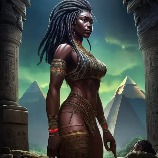 Prompt: beautiful detailed dark skin, thick black women, long braided hair, standing backwards, full body, digital illustration, detailed and sleek design, full body picture, standing on, top of mountain setting, dramatic lighting, high res, ultra-detailed, realistic illustration, sleek design, highly detailed, intense, ancient Egypt setting, dramatic lighting, full body, high resolution, pastel colors,

