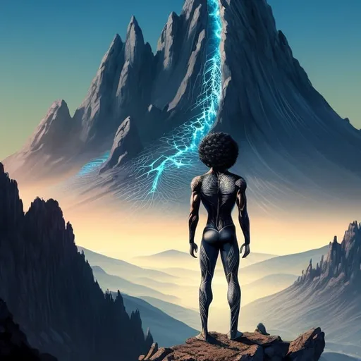 Prompt: black man, afro, standing on mountain, full body, digital illustration, detailed and sleek design, intense and focused gaze, full body picture, standing on top of mountain setting, dramatic lighting, high res, ultra-detailed, digital illustration, sleek design, highly detailed, intense gaze, mountain top setting, dramatic lighting, full body, high resolution, 

