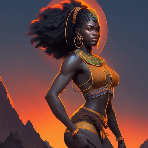 Prompt: beautiful detailed dark skin, thick black women, long braided hair, bending over mountain, full body, digital illustration, detailed and sleek design, full body picture, standing on, top of mountain setting, dramatic lighting, high res, ultra-detailed, digital illustration, sleek design, highly detailed, intense gaze, ancient Egypt setting, dramatic lighting, full body, high resolution, bright colors,

