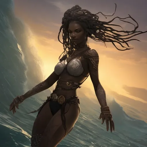 Prompt: beautiful, dark skin, thong, thick, curvy, black woman, long braids, digital illustration, detailed and sleek design, full body, ocean setting, dramatic lighting, high res, ultra-detailed, intense gaze, ancient Egypt setting, dramatic lighting, full body, sun,

