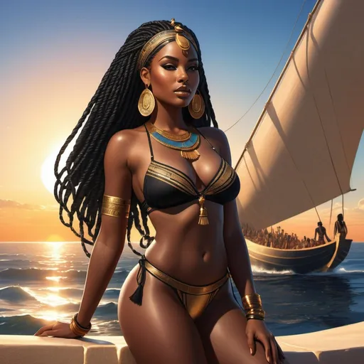 Prompt: 
 beautiful, dark skin, thong, thick, curvy, black woman, long braids, digital illustration, detailed and sleek design, full body, ocean setting, dramatic lighting, high-res, ultra-detailed, intense gaze, ancient Egypt setting, dramatic lighting, full body illustration, sun in background, detailed illustration.
 