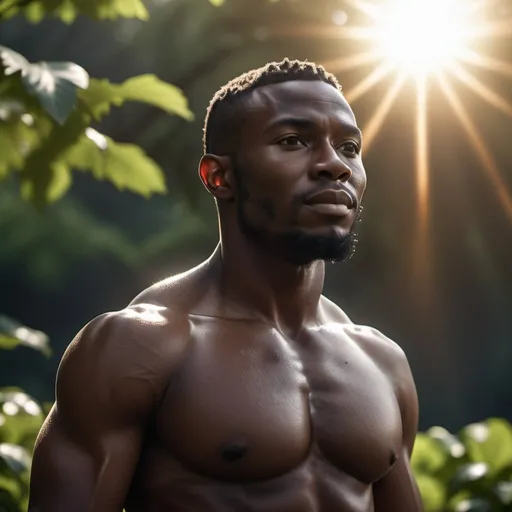 Prompt: hyper realistic nature, glowing skin, full body, black God, high-res, ultra-detailed, dramatic lighting, sun in background, 
