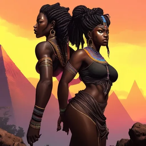 Prompt: beautiful, detailed dark skin, thick black women, long braided hair, looking backwards, full body, digital illustration, detailed and sleek design, full body picture, standing on, top of mountain setting, dramatic lighting, high res, ultra-detailed, realistic illustration, sleek design, highly detailed, intense, ancient Egypt setting, dramatic lighting, full body, high resolution, vibrant colors, super powers

