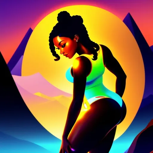 Prompt: logo style, beautiful, detailed dark skin, thong, thick curvy, black woman, long braids, looking backwards, full body, digital illustration, detailed and sleek design, full body picture, top of mountain setting, dramatic lighting, high res, ultra-detailed, realistic illustration, sleek design, highly detailed, intense, ancient Egypt setting, dramatic lighting, full body, high res, vibrant, colorful,  

