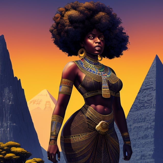 Prompt: beautiful, dark skinned, thick black women, afro, standing on mountain, full body, digital illustration, detailed and sleek design, full body picture, standing on, top of mountain setting, dramatic lighting, high res, ultra-detailed, digital illustration, sleek design, highly detailed, intense gaze, ancient Egypt setting, dramatic lighting, full body, high resolution, cool colors,

