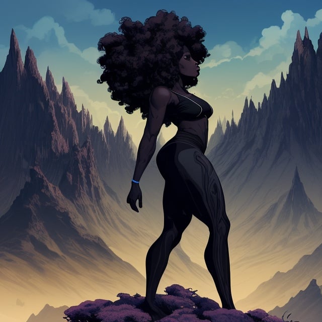 Prompt: beautiful, dark skinned, thick black women, afro, standing on mountain, full body, digital illustration, detailed and sleek design, full body picture, standing on, top of mountain setting, dramatic lighting, high res, ultra-detailed, digital illustration, sleek design, highly detailed, intense gaze, mountain top setting, dramatic lighting, full body, high resolution, cool colors,

