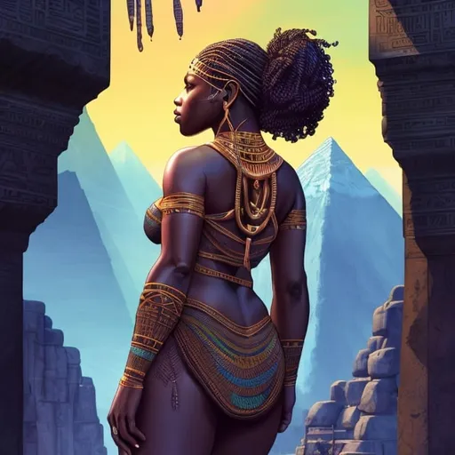 Prompt: beautiful, detailed dark skin, thick black woman, long braided hair, looking backwards, full body, digital illustration, detailed and sleek design, full body picture, standing on, top of mountain setting, dramatic lighting, high res, ultra-detailed, realistic illustration, sleek design, highly detailed, intense, ancient Egypt setting, dramatic lighting, full body, high resolution, vibrant colors, has superpowers.

