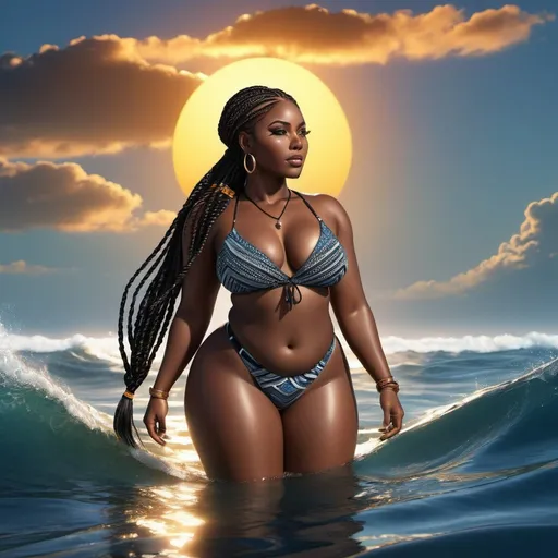 Prompt: 
 3D, beautiful, dark skin, thong, chubby thick, curvy, black woman, long braids, digital illustration, detailed and sleek design, full body, ocean setting, dramatic lighting, high-res, ultra-detailed, intense gaze, Africa setting, dramatic lighting, full body illustration, sun in background, detailed illustration, 
 