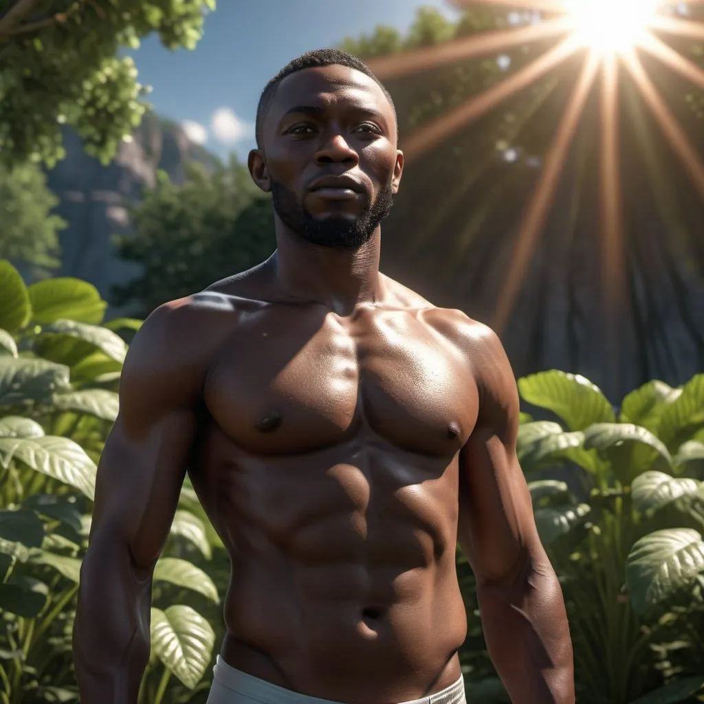 Prompt: hyper realistic, 3d, nature, glowing skin, full body, black God, high-res, ultra-detailed, dramatic lighting, sun in background, 
