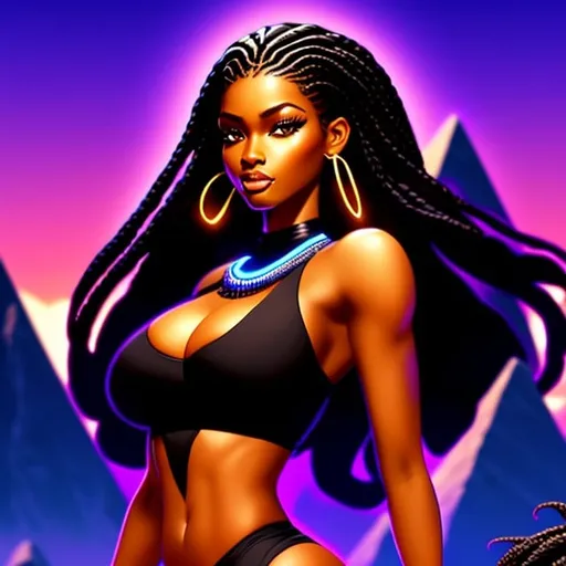 Prompt: logo style, beautiful, detailed dark skin, thong, thick curvy, black woman, long braids, full body, digital illustration, detailed and sleek design, full body picture, top of mountain setting, dramatic lighting, high res, ultra-detailed, realistic illustration, sleek design, highly detailed, intense, ancient Egypt setting, dramatic lighting, full body, high res, 

