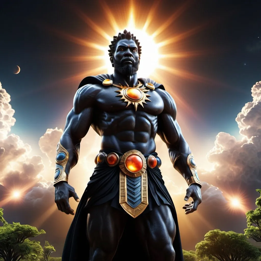 Prompt: black God of universe hyper realistic, nature, full body, high-res, ultra-detailed, dramatic lighting, sun in background, 
