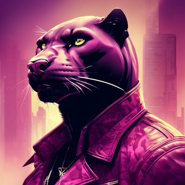 Prompt: Gangster panther with guns and money, digital illustration, detailed pink fur and sleek design, intense and focused gaze, urban city setting, cool tones, dramatic lighting, high res, ultra-detailed, digital illustration, gangster, sleek design, detailed fur, intense gaze, urban city, cool tones, dramatic lighting.
