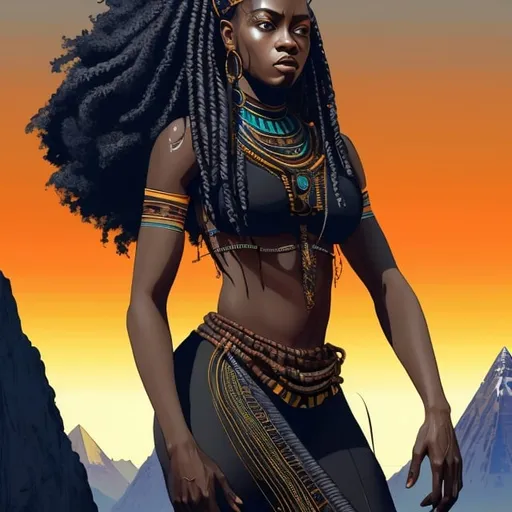 Prompt: beautiful detailed dark skin, thick black women, long braided hair, standing on mountain, full body, digital illustration, detailed and sleek design, full body picture, standing on, top of mountain setting, dramatic lighting, high res, ultra-detailed, digital illustration, sleek design, highly detailed, intense gaze, ancient Egypt setting, dramatic lighting, full body, high resolution, bright colors,

