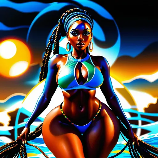 Prompt: 
 3D, beautiful, dark skin, thong, super thick, curvy, black woman, long braids, digital illustration, detailed and sleek design, full body, ocean setting, dramatic lighting, high-res, ultra-detailed, intense gaze, Africa setting, dramatic lighting, full body illustration, sun in background, detailed illustration
 