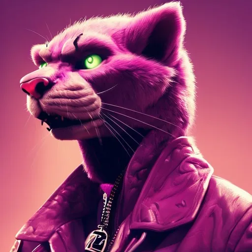 Prompt: Gangster pink panther, holding guns and money, digital illustration, detailed pink fur and sleek design, intense and focused gaze, Los Angeles California, urban city, cool tones, dramatic lighting, high res, ultra-detailed, digital illustration, sleek design, detailed fur, intense gaze, urban city, dramatic lighting, money in bag, 