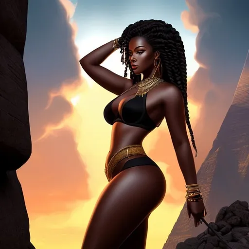 Prompt: beautiful, dark skin, thong, thick curvy, black woman, long braids, digital illustration, detailed and sleek design, full body picture, top of mountain setting, dramatic lighting, high res, ultra-detailed, intense gaze, ancient Egypt setting, dramatic lighting, full body, high res,

