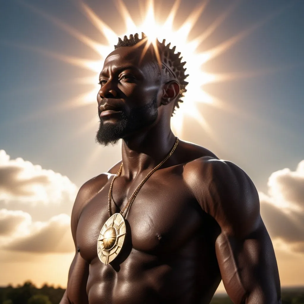 Prompt: hyper realistic, black God, high-res, ultra-detailed, dramatic lighting, sun in background, 
