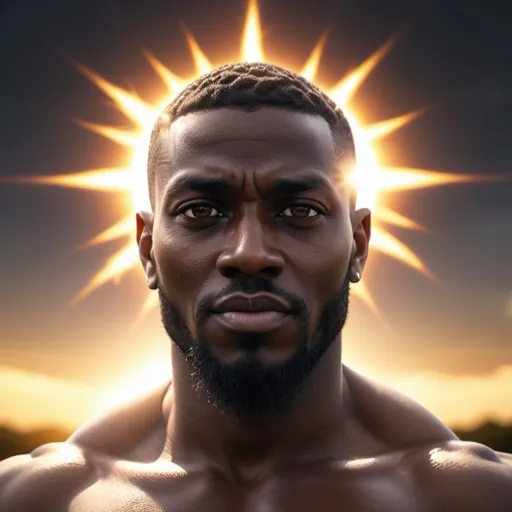 Prompt: hyper realistic glowing, black God, high-res, ultra-detailed, dramatic lighting, sun in background, 
