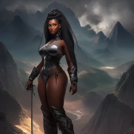 Prompt: beautiful, dark skin, thong, thick curvy, black woman, long braids, digital illustration, detailed and sleek design, full body picture, top of mountain setting, dramatic lighting, high res, ultra-detailed, intense gaze, ancient Egypt setting, dramatic lighting, full body, high res,

