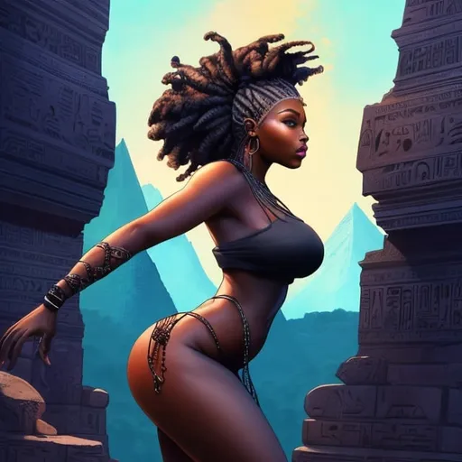 Prompt: beautiful, detailed dark skin, thong, thick curvy black woman, long braids, looking backwards, full body, digital illustration, detailed and sleek design, full body picture, standing on, top of mountain setting, dramatic lighting, high res, ultra-detailed, realistic illustration, sleek design, highly detailed, intense, ancient Egypt setting, dramatic lighting, full body, high res, vibrant, bright colors, thick legs

