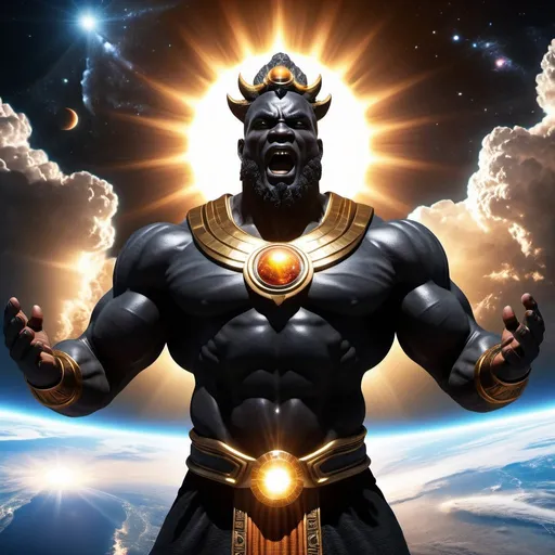 Prompt: black God of universe, hyper realistic, nature, full body, high-res, ultra-detailed, dramatic lighting, sun in background, 
