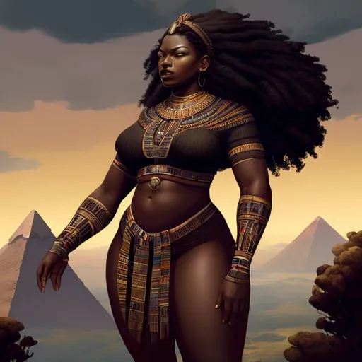 Prompt: beautiful, dark skinned, thick black women, afro, standing on mountain, full body, digital illustration, detailed and sleek design, full body picture, standing on, top of mountain setting, dramatic lighting, high res, ultra-detailed, digital illustration, sleek design, highly detailed, intense gaze, ancient Egypt setting, dramatic lighting, full body, high resolution, cool colors,

