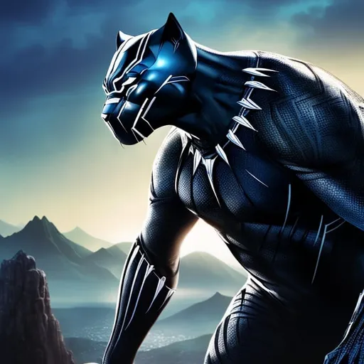 Prompt: black panther, standing on mountain, digital illustration, detailed and sleek design, intense and focused gaze, full body picture, standing on top of mountain setting, dramatic lighting, high res, ultra-detailed, digital illustration, sleek design, detailed, intense gaze, mountain top setting, dramatic lighting. 
