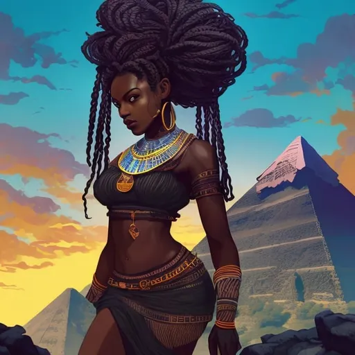 Prompt: beautiful detailed dark skin, thick black women, long braided hair, standing on mountain, full body, digital illustration, detailed and sleek design, full body picture, standing on, top of mountain setting, dramatic lighting, high res, ultra-detailed, digital illustration, sleek design, highly detailed, intense gaze, ancient Egypt setting, dramatic lighting, full body, high resolution, bright colors,

