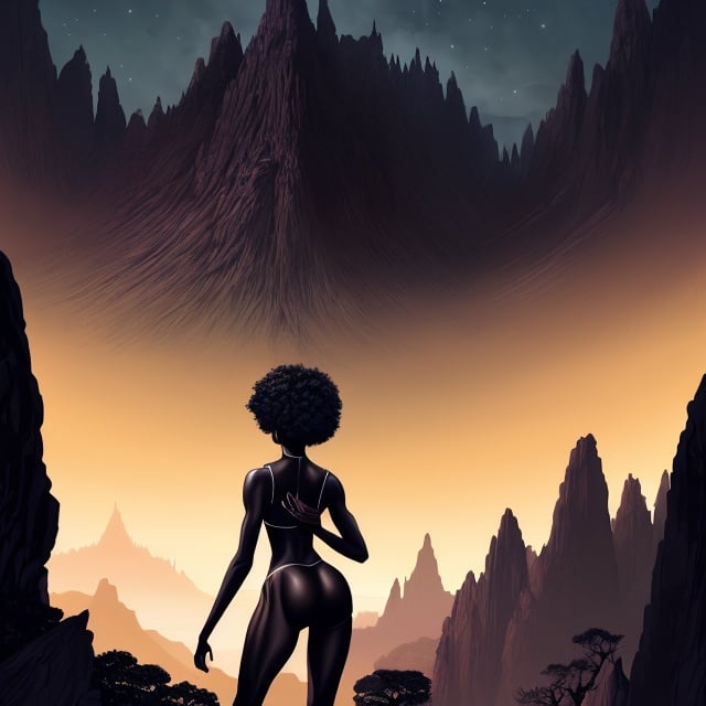 Prompt: beautiful, dark skinned, black women, afro, standing on mountain, full body, digital illustration, detailed and sleek design, full body picture, standing on,top of mountain setting, dramatic lighting, high res, ultra-detailed, digital illustration, sleek design, highly detailed, intense gaze, mountain top setting, dramatic lighting, full body, high resolution, 

