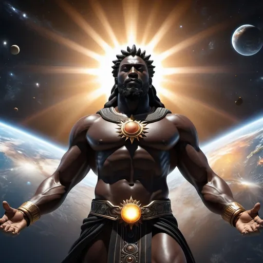 Prompt: black God of universe, hyper realistic, 3d, nature, full body, high-res, ultra-detailed, dramatic lighting, sun in background, 
