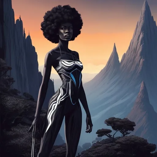 Prompt: beautiful dark skined black women, afro, standing on mountain, full body, digital illustration, detailed and sleek design, full body picture, standing on top of mountain setting, dramatic lighting, high res, ultra-detailed, digital illustration, sleek design, highly detailed, intense gaze, mountain top setting, dramatic lighting, full body, high resolution, 

