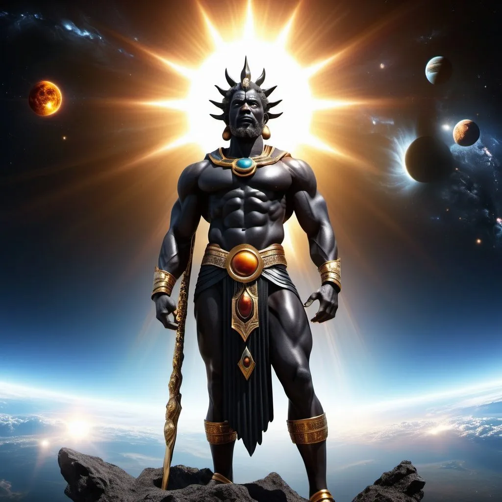 Prompt: black God of universe hyper realistic, nature, full body, high-res, ultra-detailed, dramatic lighting, sun in background, 
