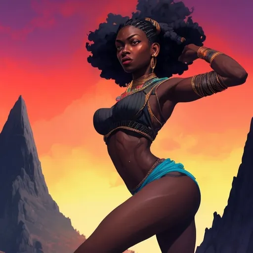 Prompt: beautiful detailed dark skin, thick black women, long braided hair, bending over stance, full body, digital illustration, detailed and sleek design, full body picture, standing on, top of mountain setting, dramatic lighting, high res, ultra-detailed, digital illustration, sleek design, highly detailed, intense, ancient Egypt setting, dramatic lighting, full body, high resolution, bright colors,

