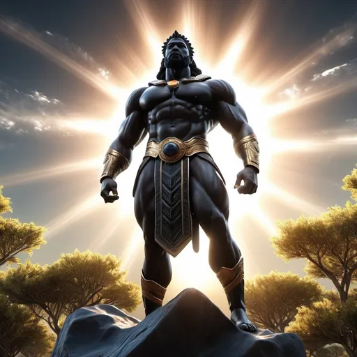 Prompt: black God of universe, hyper realistic, 3d, nature, full body, high-res, ultra-detailed, dramatic lighting, sun in background, 
