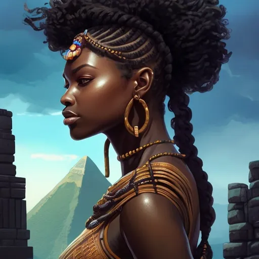 Prompt: beautiful, detailed dark skin, thick black women, long braided hair, looking backwards, full body, digital illustration, detailed and sleek design, full body picture, standing on, top of mountain setting, dramatic lighting, high res, ultra-detailed, realistic illustration, sleek design, highly detailed, intense, ancient Egypt setting, dramatic lighting, full body, high resolution, vibrant colors,

