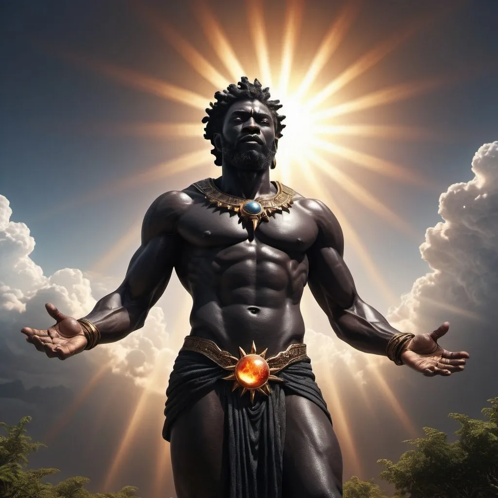 Prompt: black God of universe, hyper realistic, nature, full body, high-res, ultra-detailed, dramatic lighting, sun in background, 
