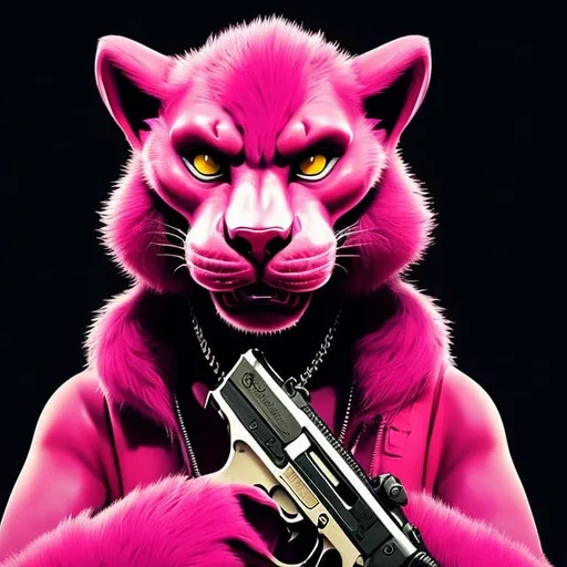 Prompt: Gangster pink panther, holding guns and money, digital illustration, detailed pink fur and sleek design, intense and focused gaze, Los Angeles California, urban city, cool tones, dramatic lighting, high res, ultra-detailed, digital illustration, gangster, sleek design, detailed fur, intense gaze, urban city, cool tones, dramatic lighting, money, 