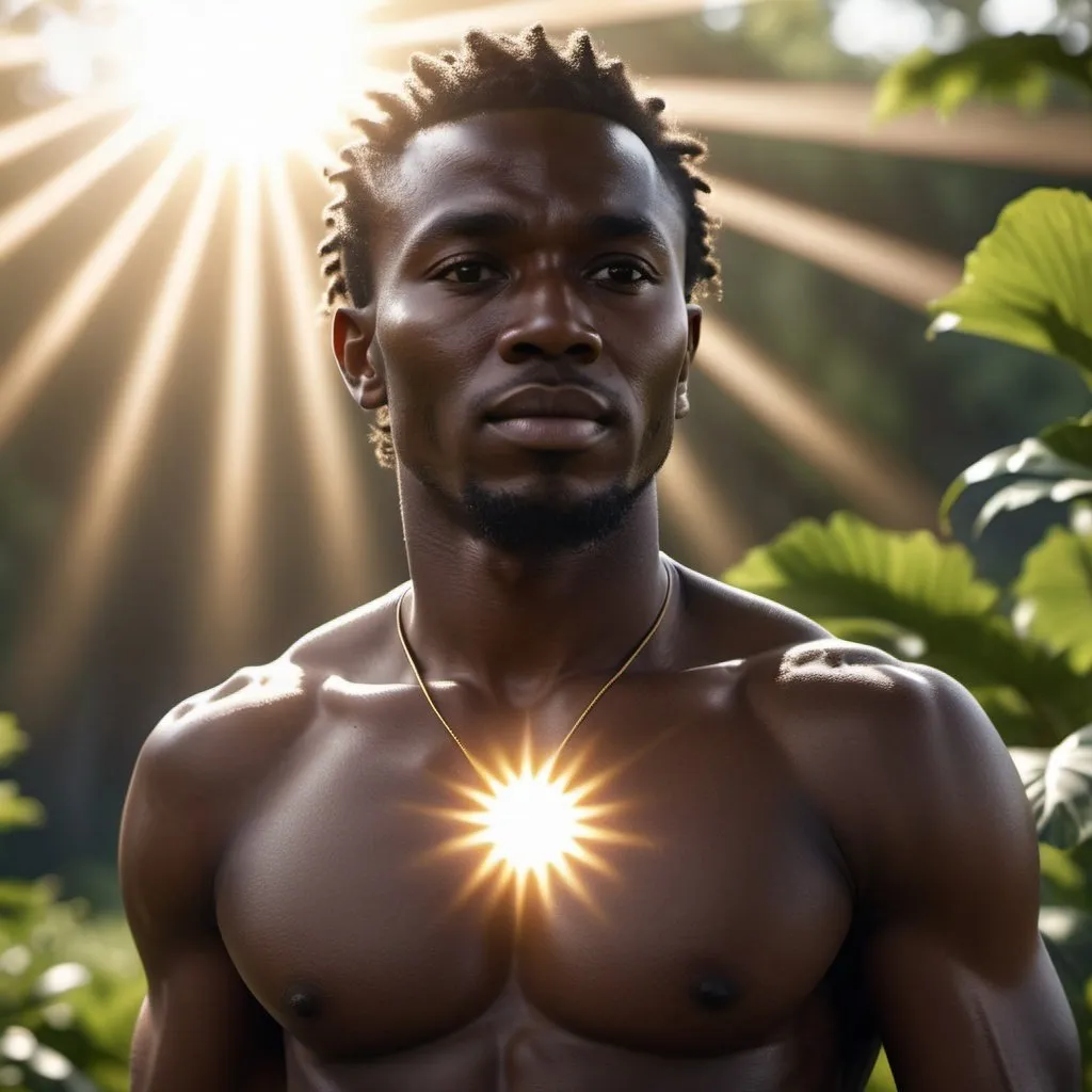 Prompt: hyper realistic nature, glowing skin, full body, black God, high-res, ultra-detailed, dramatic lighting, sun in background, 
