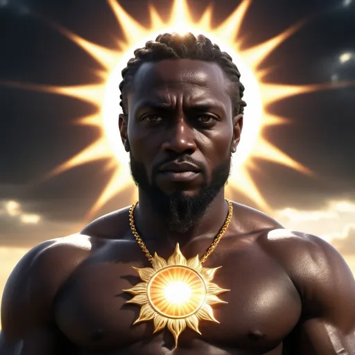 Prompt: hyper realistic glowing, black God, high-res, ultra-detailed, dramatic lighting, sun in background, 
