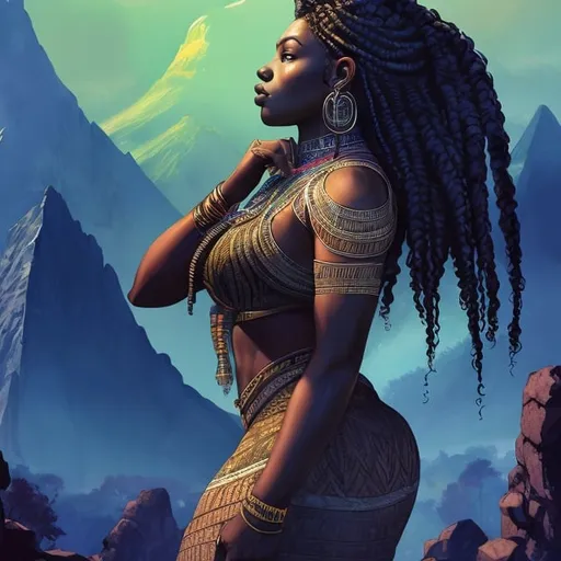 Prompt: beautiful, detailed dark skinned, thick black women, braided hair, standing on mountain, full body, digital illustration, detailed and sleek design, full body picture, standing on, top of mountain setting, dramatic lighting, high res, ultra-detailed, digital illustration, sleek design, highly detailed, intense gaze, ancient Egypt setting, dramatic lighting, full body, high resolution, water colors,

